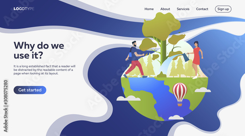 Man hiking, woman watering tree on Earth and sample text. Lifestyle, leisure, activity concept. Presentation slide template. Vector illustration for topics like vacation, nature, summer