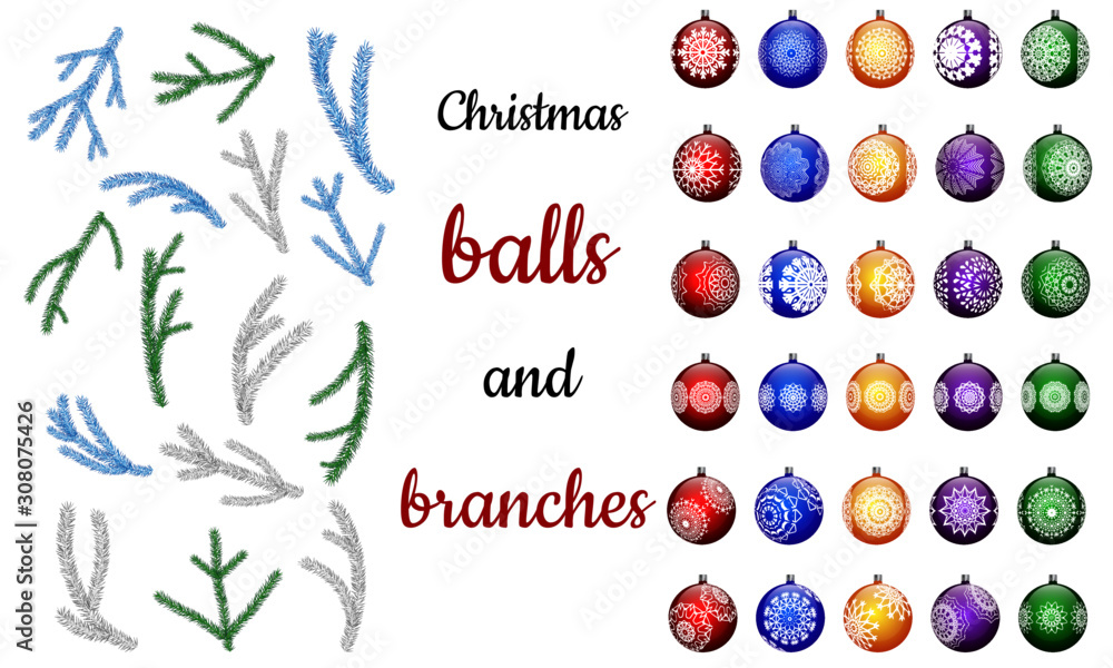 Set of various color vector christmas balls and branches