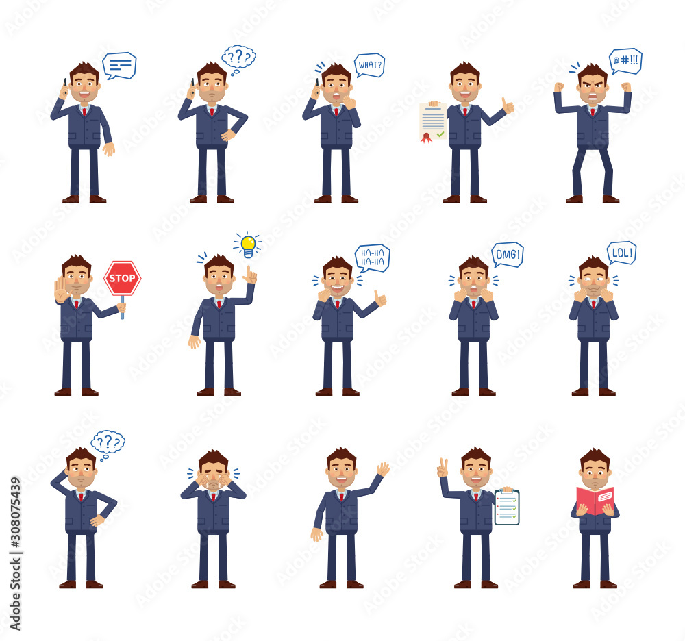 Big set of businessman characters showing different actions. Cheerful businessman reading a book, thinking, angry, surprised, talking on the phone and doing other actions. Flat vector illustration