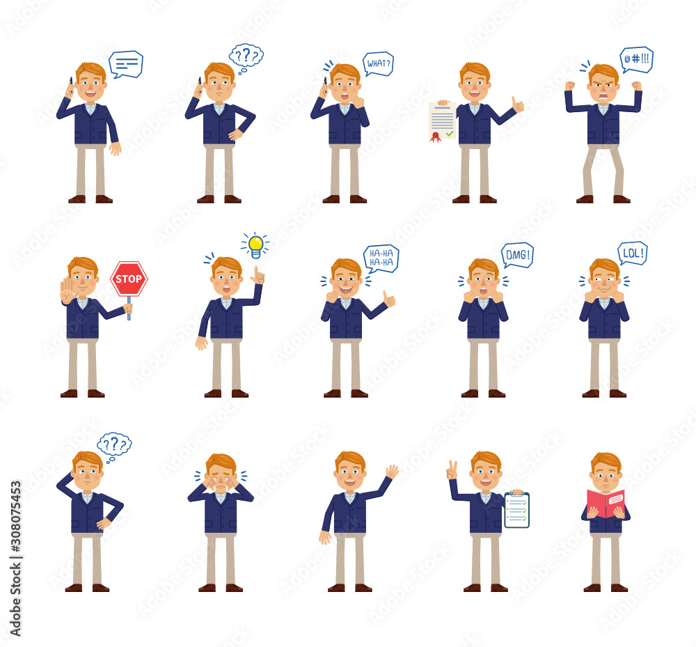 Big set of businessman characters showing different actions. Cheerful businessman reading a book, thinking, angry, surprised, talking on the phone and doing other actions. Flat vector illustration