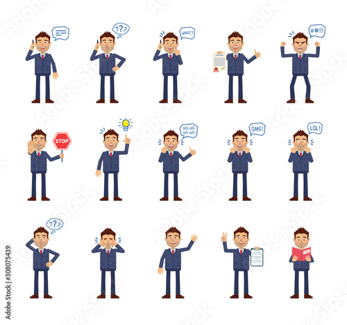 Big set of businessman characters showing different actions. Cheerful businessman reading a book, thinking, angry, surprised, talking on the phone and doing other actions. Flat vector illustration