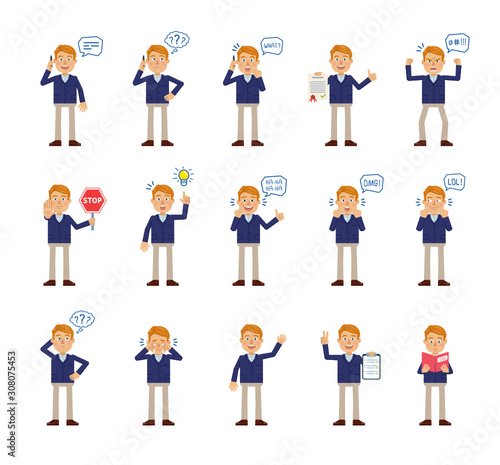 Big set of businessman characters showing different actions. Cheerful businessman reading a book, thinking, angry, surprised, talking on the phone and doing other actions. Flat vector illustration