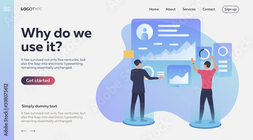 Users in VR headsets. People watching virtual presentation, touching interactive board. Flat vector illustrations. Virtual reality concept for banner, website design or landing web page