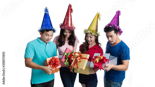 Asian people are surprised to open the gift box on New Year's Day.