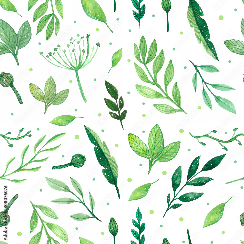 watercolor seamless pattern with green leaves isolated on white background