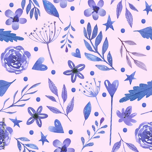 watercolor seamless pattern with violet, purple leaves and flowers on a pink background