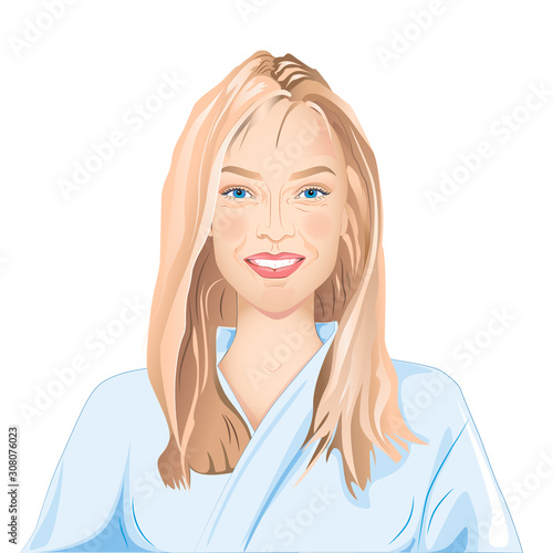 Young smiling blonde girl in a bathrobe. Vector illustration of a woman with beautiful spa face and shiny healthy skin.