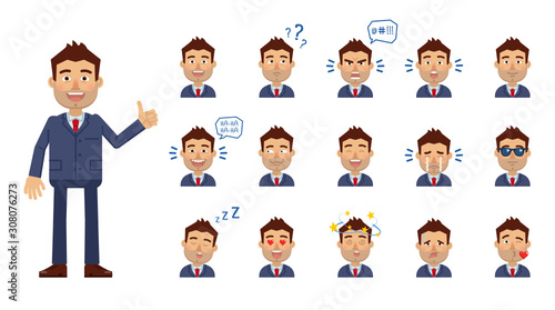 Set of businessman emoticons. Businessman avatars showing different facial expressions. Happy, sad, smile, laugh, cry, surprised, in love, angry and other emotions. Simple vector illustration