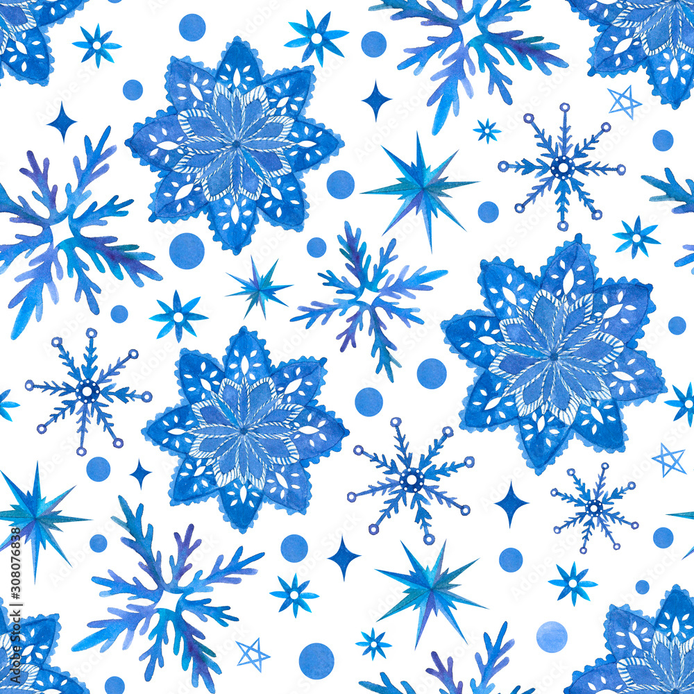 Seamless watercolor pattern with snowflakes. Christmas background Seamless watercolor pattern with snowflakes. Christmas background