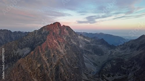 Aerial timelapse sunrise on Gerlachov Peak (Gerlachovsky stit) in High Tatras (Vysoke Tatry) mountains, Slovakia photo