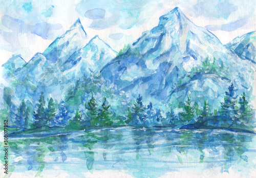 Blue watercolor landscape - mountain lake
