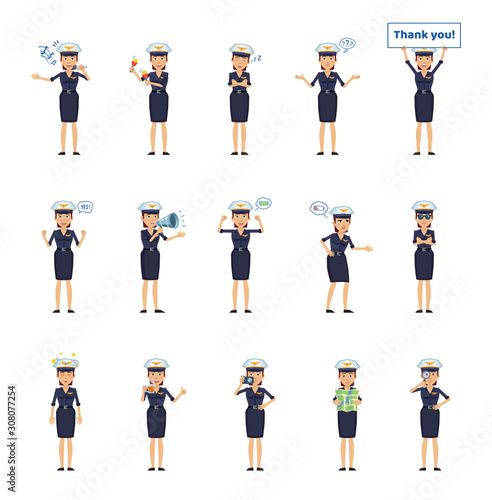 Big set of female pilot characters showing different actions, gestures, emotions. Cheerful airwoman singing, sleeping, holding loudspeaker, banner and doing other actions. Simple vector illustration