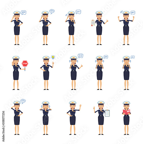 Big set of female pilot characters showing different actions, gestures, emotions. Cheerful airwoman talking on phone, holding stop sign, clipboard and doing other actions. Simple vector illustration