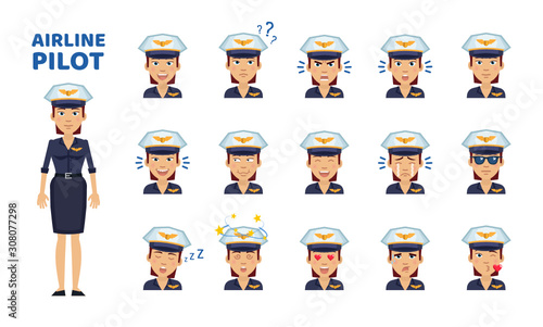 Set of female pilot emoticons. Airline pilot emojis showing different facial expressions. Happy, sad, smile, laugh, surprised, tired, dazed, kiss and other emotions. Flat design vector illustration
