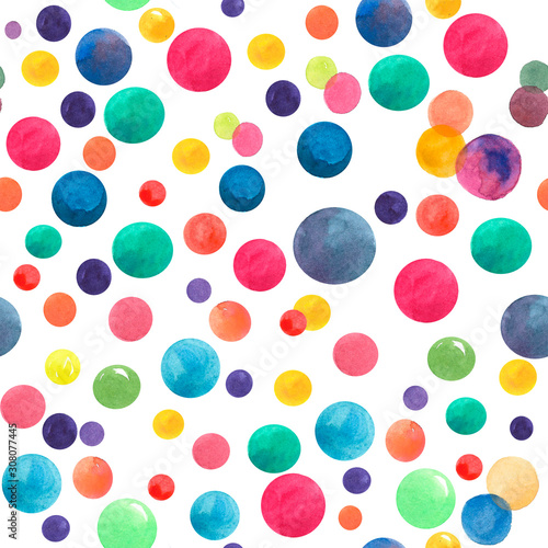 watercolor messy yellow, pink, blue, green and red circle. abstract texture. seamless pattern