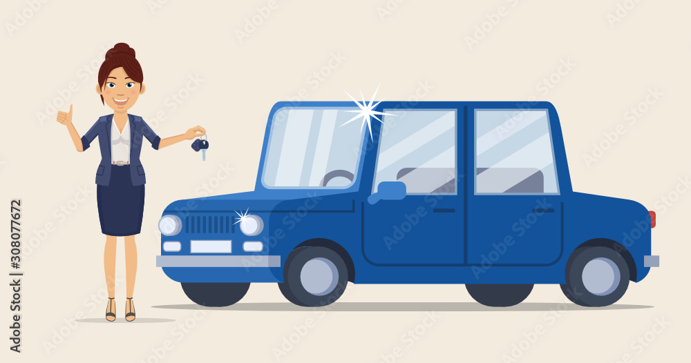Vector illustration of a cheerful businesswoman standing near a new car and holding car key. Car seller, dealer, lottery winner. Flat style vector illustration Vector illustration of a cheerful businesswoman standing near a new car and holding car key. Car seller, dealer, lottery winner. Flat style vector illustration