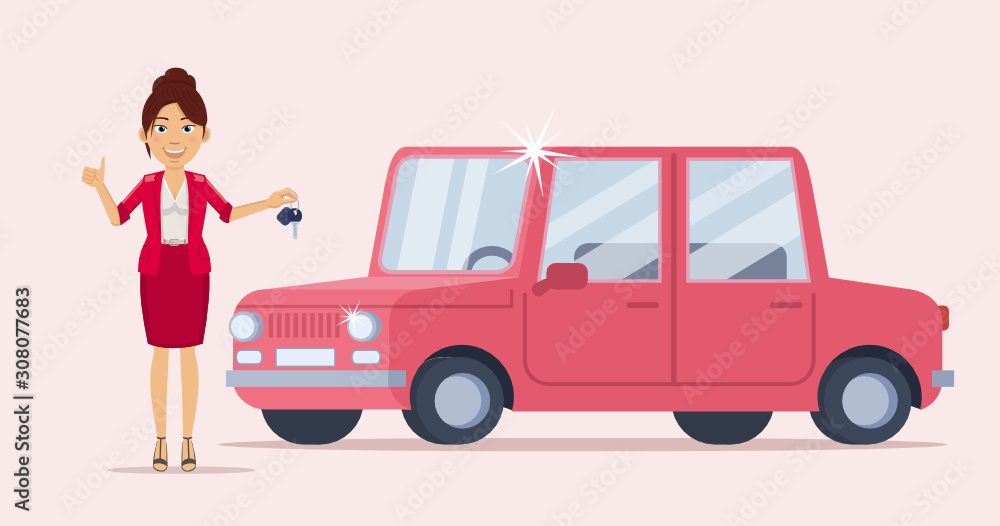 Vector illustration of a cheerful businesswoman standing near a new car and holding car key. Car seller, dealer, lottery winner. Flat style vector illustration Vector illustration of a cheerful businesswoman standing near a new car and holding car key. Car seller, dealer, lottery winner. Flat style vector illustration