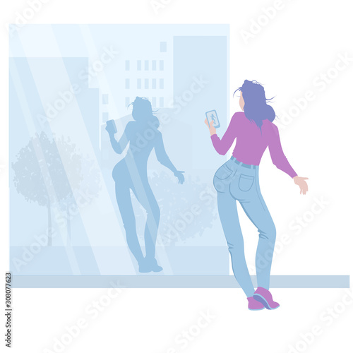 Young slender girl makes reflection selfies in a showcase against the backdrop of a city street. Cartoon Character Flat Design Vector Illustration