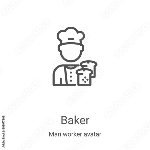 baker icon vector from man worker avatar collection. Thin line baker outline icon vector illustration. Linear symbol for use on web and mobile apps, logo, print media