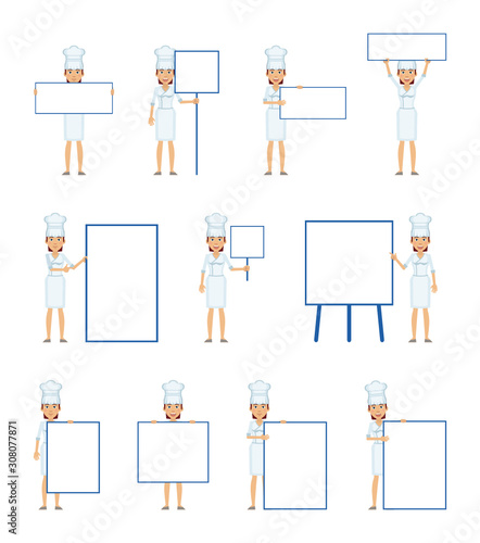 Big set of female cook characters posing with different blank banners. Cheerful chef holding paper, poster, placard, pointing to whiteboard. Teach, advertise, promote. Simple vector illustration