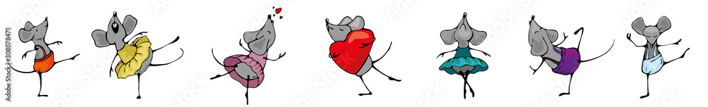 Fototapeta premium Set the mouse festive seamless background in Valentine's day or postcards to print. Festive birthday frame with dancing mice and hearts. The symbol of the year is a rat with a heart in its paws.