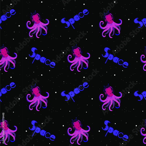 Octopus in space seamless pattern on black, navy blue background. Line art vector illustration. For wrapping paper, scrap booking and printed matter. Octopus in spacesuit against the moon and stars