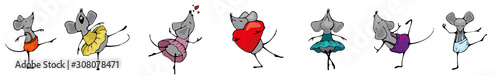 Set the mouse festive seamless background in Valentine's day or postcards to print. Festive birthday frame with dancing mice and hearts. The symbol of the year is a rat with a heart in its paws.