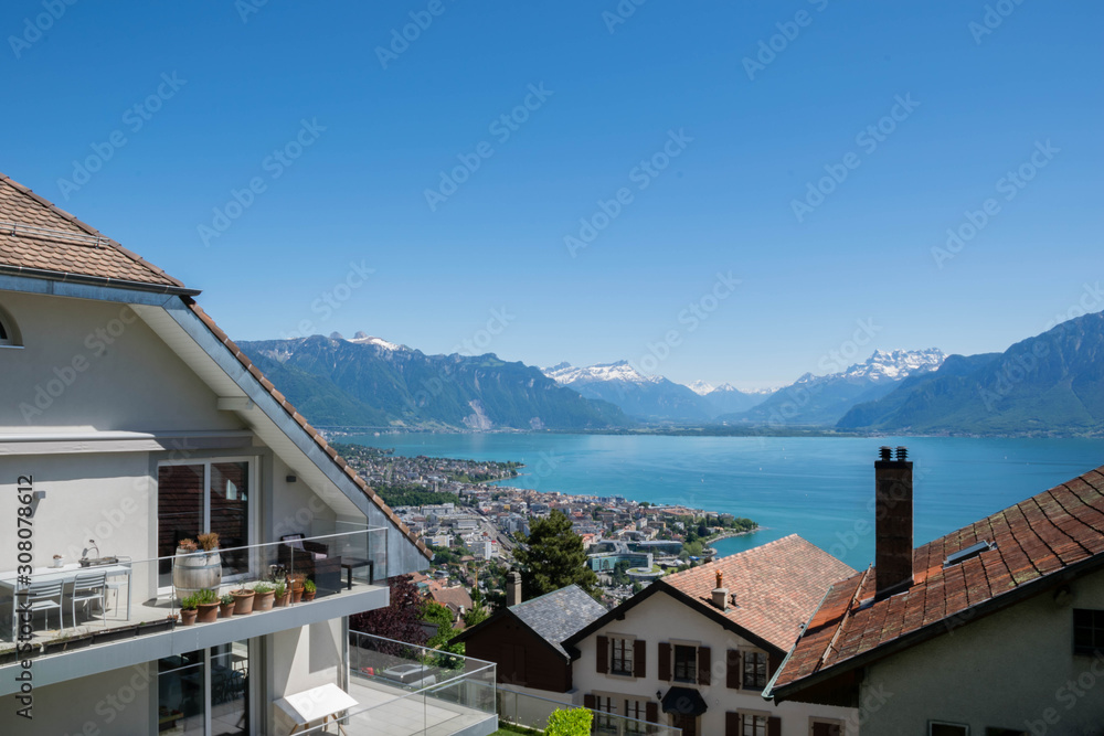 Summerhouses in Vevey near Geneva lake, Switzerland
