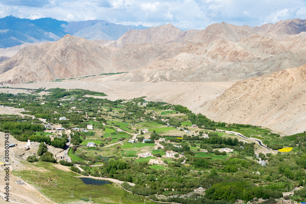Ladakh, India - Jul 22 2019 - Beautiful scenic view from Between Leh and Nubra Valley in Ladakh, Jammu and Kashmir, India.