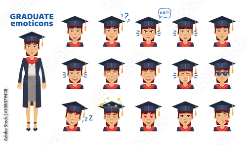 Female graduate student emoticons. Graduate student emojis showing different facial expressions. Happy, sad, surprised, serious, in love, sleepy, dazed and other emotions. Simple vector illustration