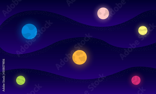 Vector abstract background. Gradient, cosmic style. Multicolored circles resembling planets with a backlit. Layering areas, like paper, giving volume to the illustration.