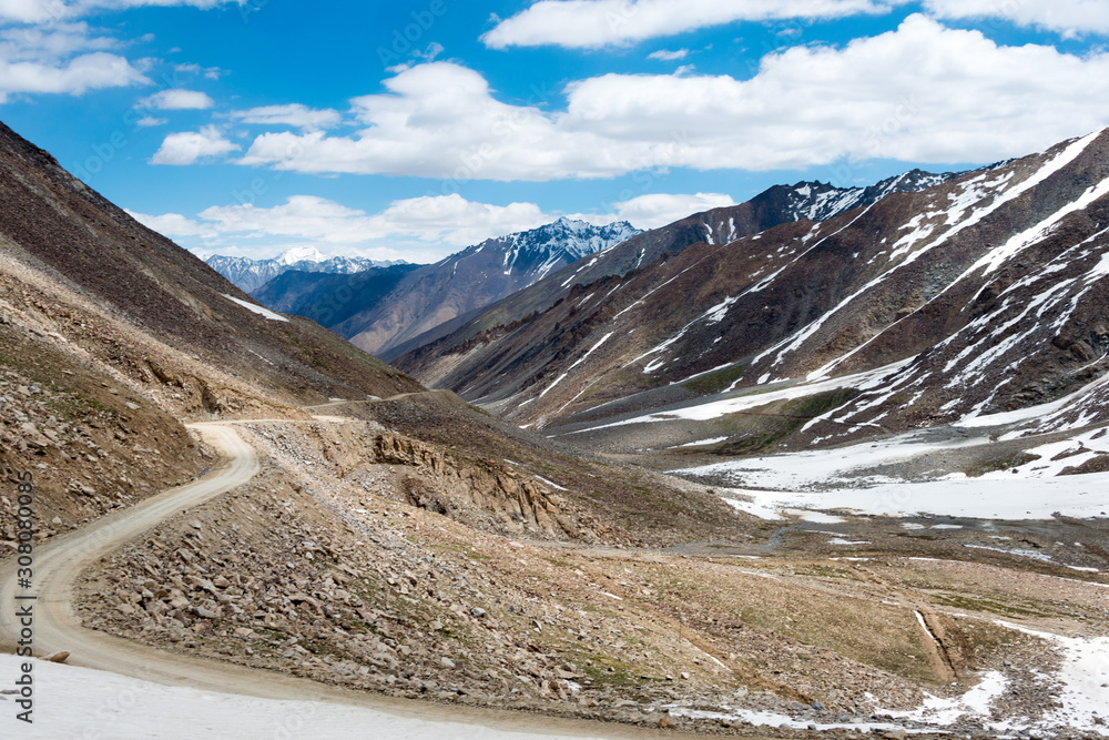 Ladakh, India - Jul 22 2019 - Beautiful scenic view from Between Leh and Nubra Valley in Ladakh, Jammu and Kashmir, India. Ladakh, India - Jul 22 2019 - Beautiful scenic view from Between Leh and Nubra Valley in Ladakh, Jammu and Kashmir, India.
