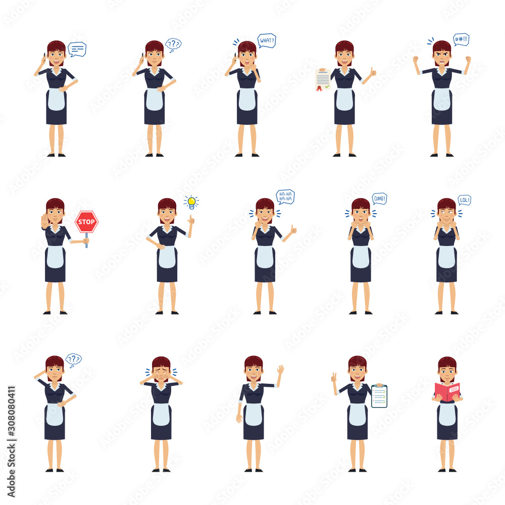 Big set of housemaid characters showing different actions, gestures, emotions. Cheerful maid talking on phone, holding stop sign, document, book and doing other actions. Simple vector illustration