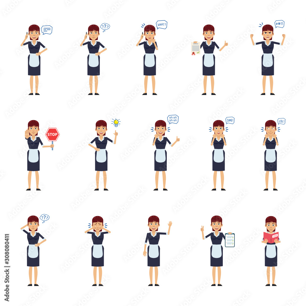 Big set of housemaid characters showing different actions, gestures, emotions. Cheerful maid talking on phone, holding stop sign, document, book and doing other actions. Simple vector illustration Big set of housemaid characters showing different actions, gestures, emotions. Cheerful maid talking on phone, holding stop sign, document, book and doing other actions. Simple vector illustration