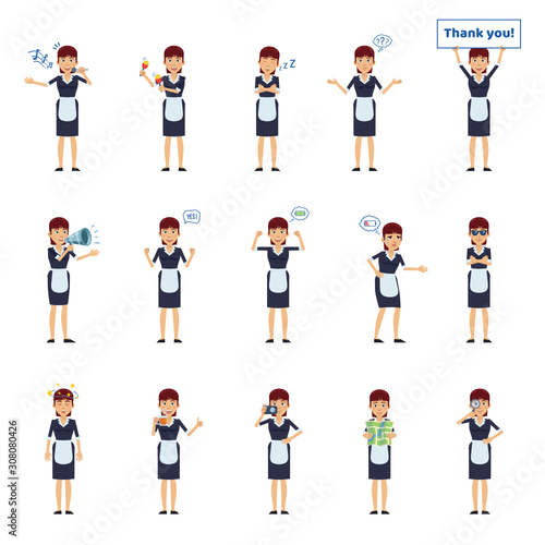 Big set of housemaid characters showing different actions, gestures, emotions. Cheerful maid singing, sleeping, holding loudspeaker, banner, map and doing other actions. Simple vector illustration