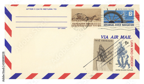 Luftpost airmail USA Amerika vintage retro Umschlag envelope Briefmarke stmaps gestempelt used alt Cherokee Strip  Kutsche Pferde Schiffe Arkansas River Navigation Polizei Kind Law Order Leif Erikson photo