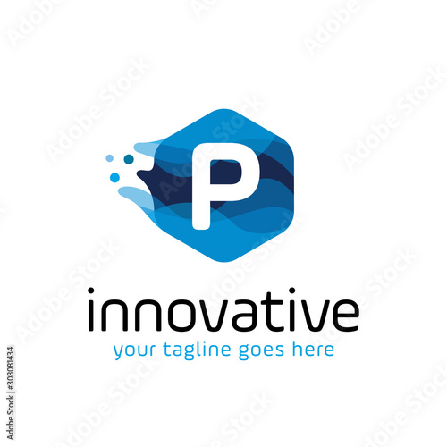 modern letter P technology logo design vector with hexagon and blue wave motion concept. multimedia, digital, innovation, creative industry symbol icon