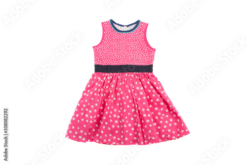 Elegant light children summer dresse. Pink on white dots