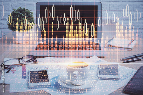 Double exposure of forex chart and work space with computer. Concept of international online trading. © peshkova