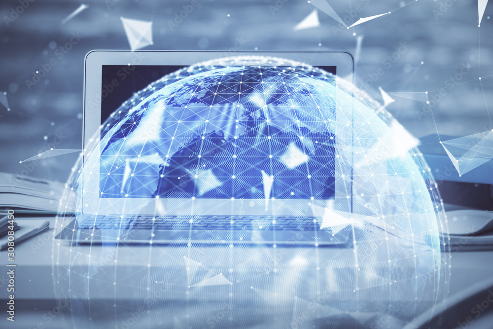 Multi exposure of business theme icons and work space with computer background. Concept of success. Multi exposure of business theme icons and work space with computer background. Concept of success.