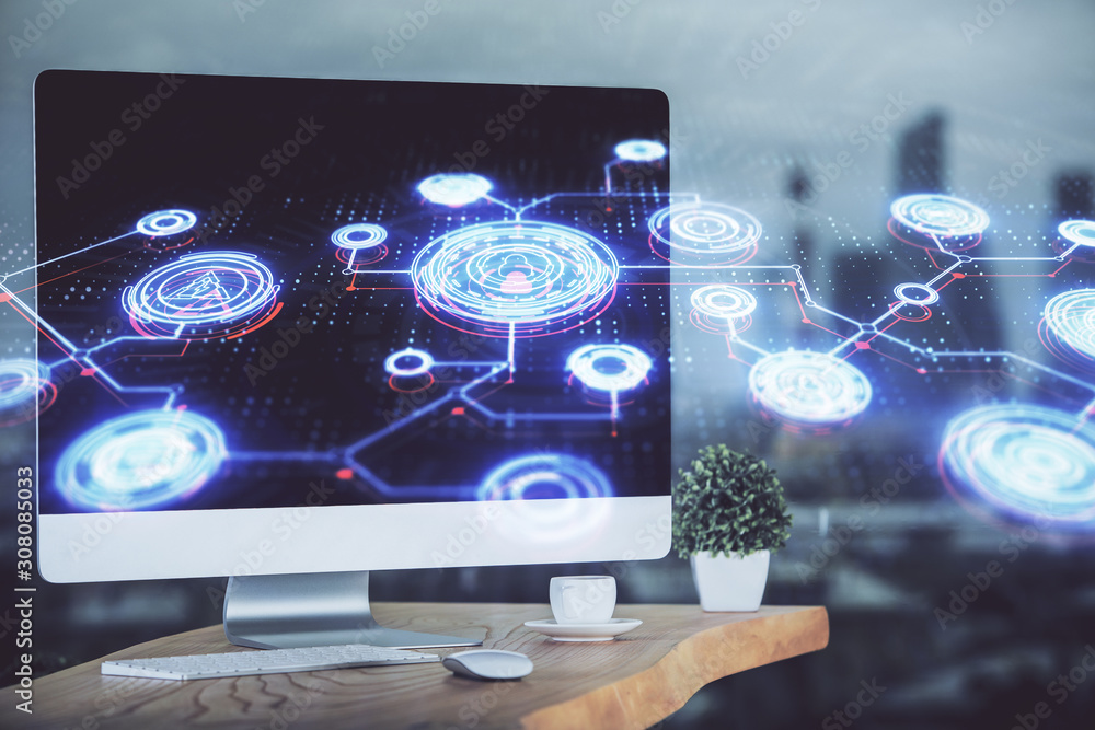 Computer on desktop with social network theme icon. Multi exposure. Concept of international connections. Computer on desktop with social network theme icon. Multi exposure. Concept of international connections.