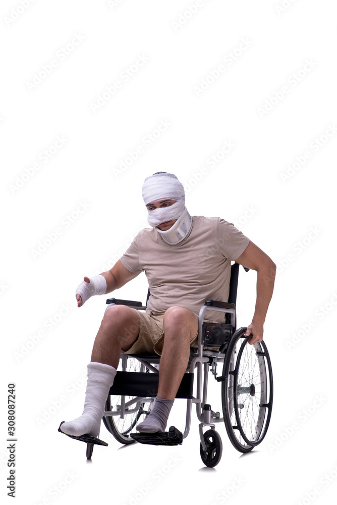 Injured man in wheel-chair isolated on white Injured man in wheel-chair isolated on white