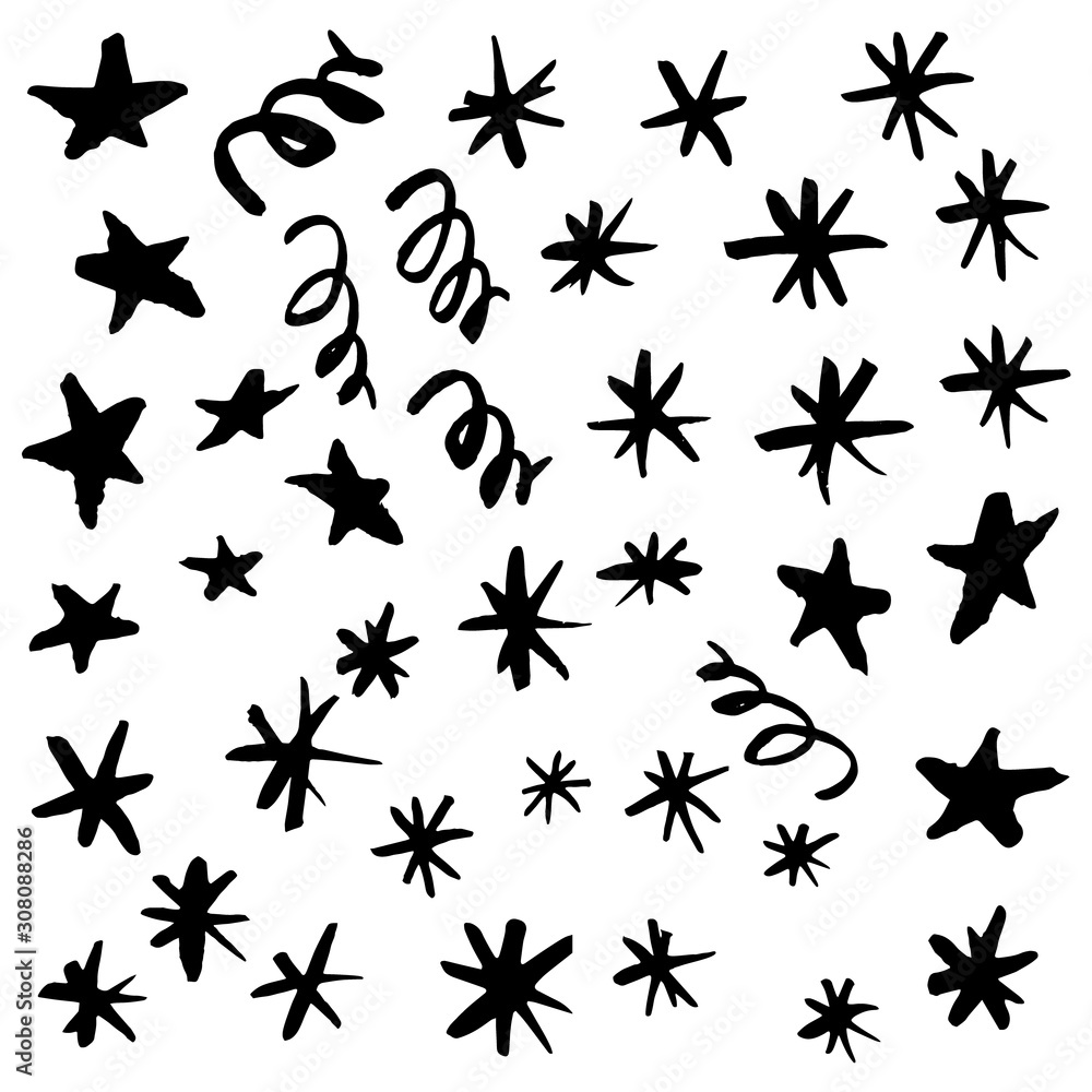 Fototapeta premium Hand-drawn painted stars and snowflakes for t-shirt print, card, flyer, poster design. Black elements isolated on white background. Vector illustration