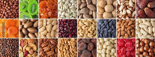assorted nuts and dried fruit collection. colorful vegan food background