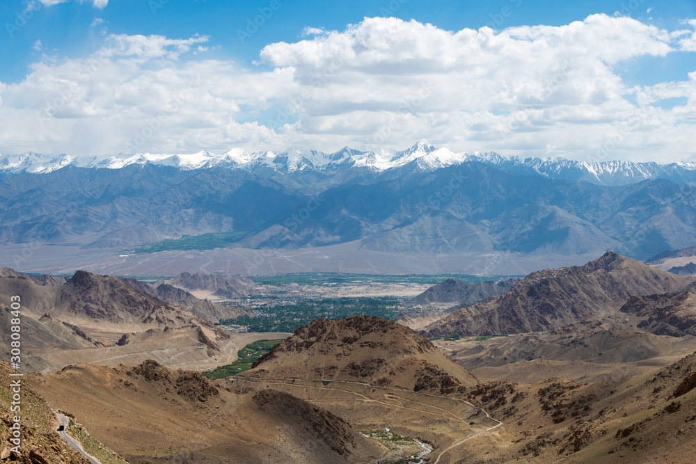 Ladakh, India - Jul 24 2019 - Beautiful scenic view from Between Khardung La Pass (5359m) and Leh in Ladakh, Jammu and Kashmir, India.