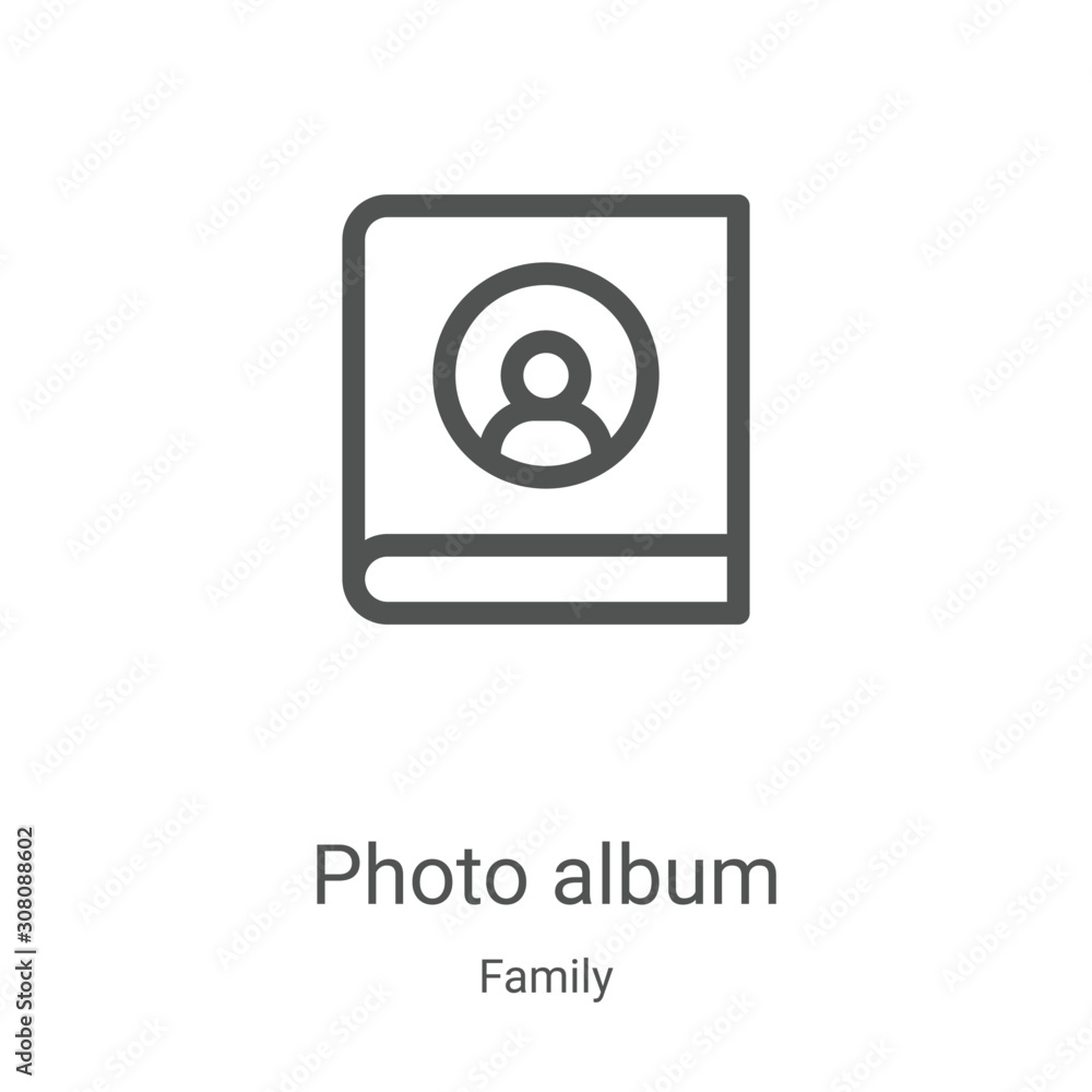 photo album icon vector from family collection. Thin line photo album outline icon vector illustration. Linear symbol for use on web and mobile apps, logo, print media photo album icon vector from family collection. Thin line photo album outline icon vector illustration. Linear symbol for use on web and mobile apps, logo, print media