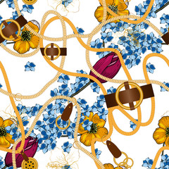 Foto auf Acrylglas Blumen- und Juwelenmuster Kunstvolles Schmuckzubehör und skizzierte Blätter oder Laub und blaue und rosa Blüten, nahtloses Muster. Realistischer goldener Kettendruck im Vintage-Stil handgezeichnete Vektorillustration auf weißem Hintergrund.  © Julia