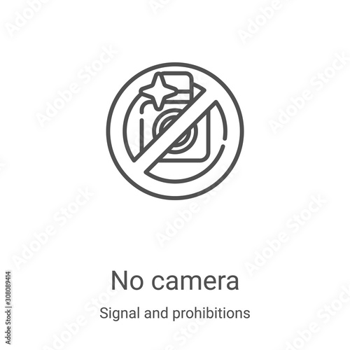 no camera icon vector from signal and prohibitions collection. Thin line no camera outline icon vector illustration. Linear symbol for use on web and mobile apps, logo, print media