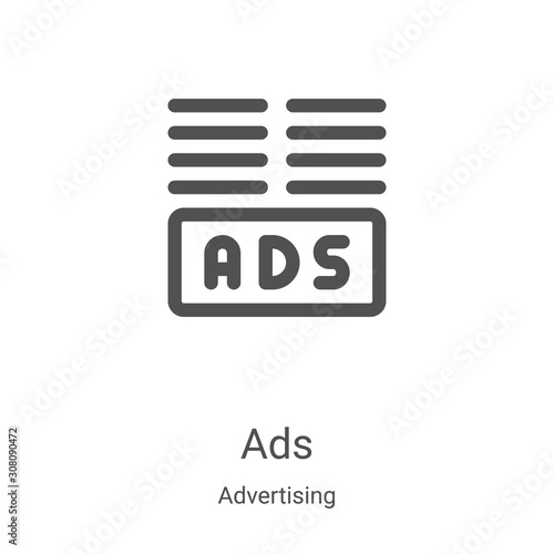 ads icon vector from advertising collection. Thin line ads outline icon vector illustration. Linear symbol for use on web and mobile apps, logo, print media