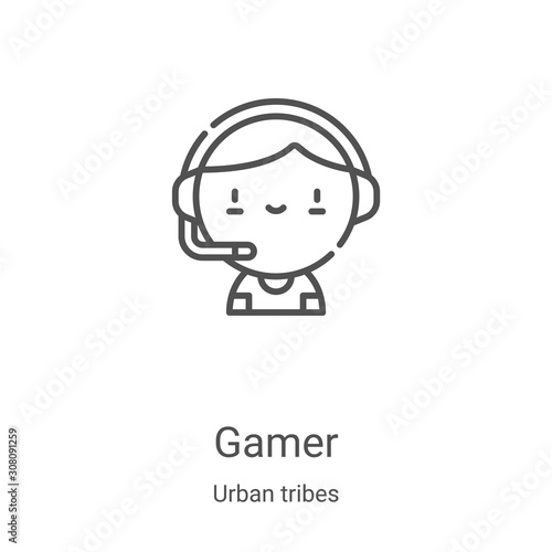 gamer icon vector from urban tribes collection. Thin line gamer outline icon vector illustration. Linear symbol for use on web and mobile apps, logo, print media